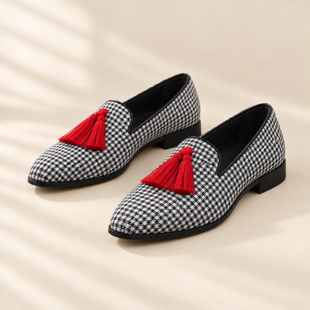Sasha houndstooth tassel loafers, front view