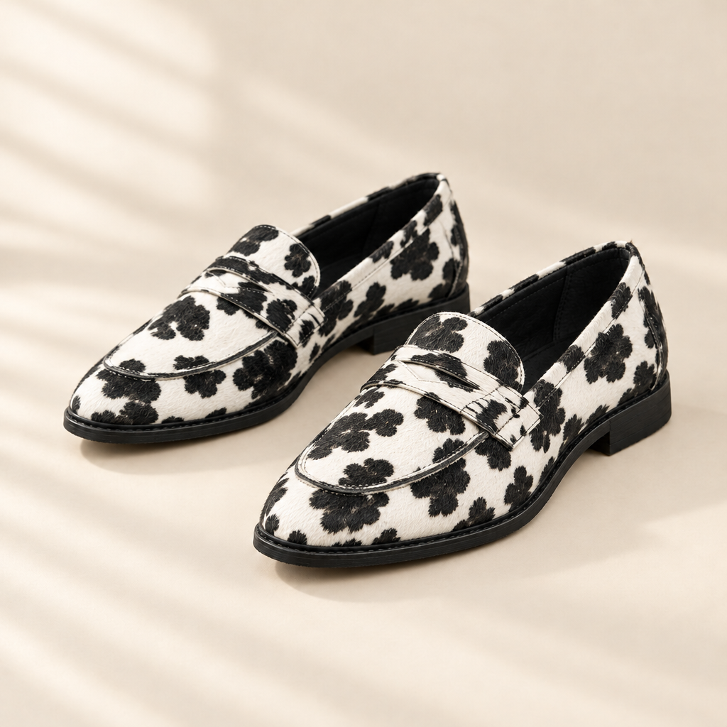 Claria cow print calf hair loafers, front view