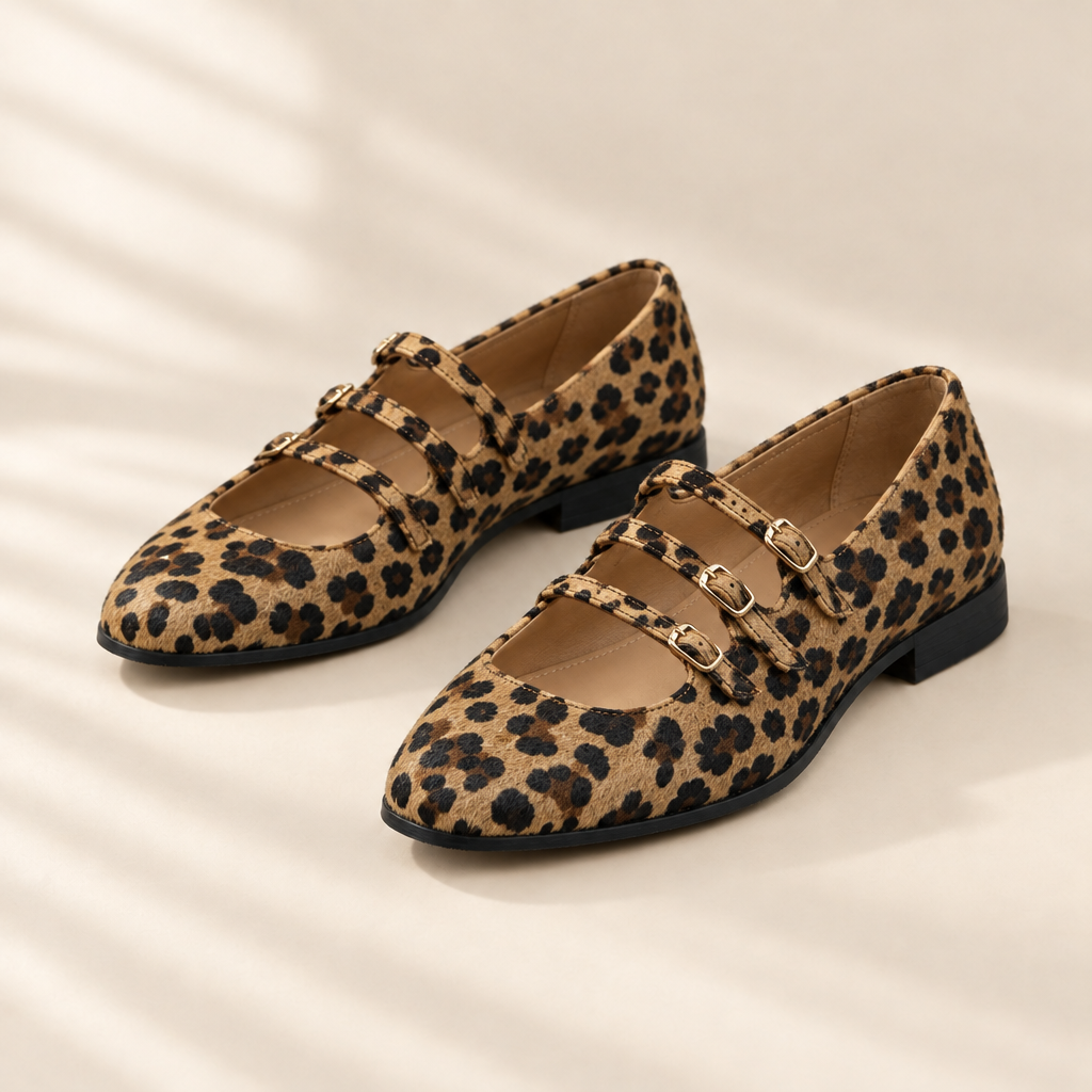Angelie leopard Mary Jane flats, front view