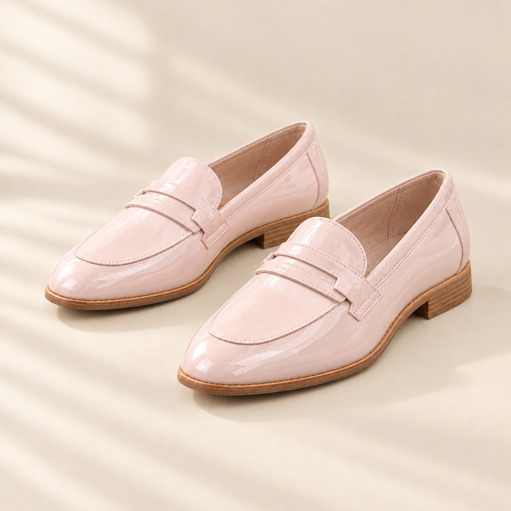 Karina blush block heel loafers, front view