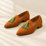 Freya tan tassel flats in Camel, front view