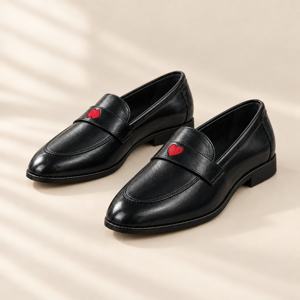 Valentine red heart loafers, front view