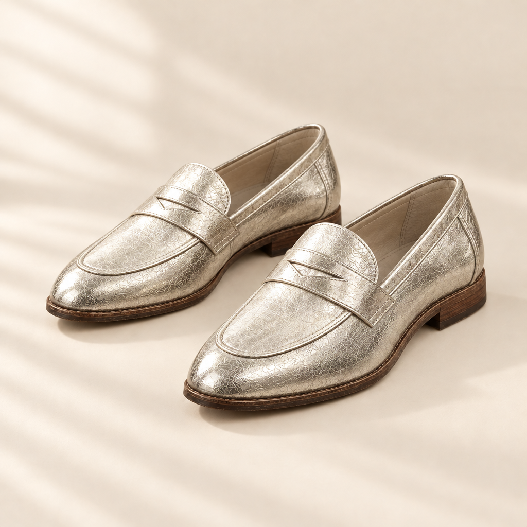 Callistia metallic gold loafers, front view