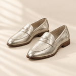 Callistia metallic gold loafers, front view