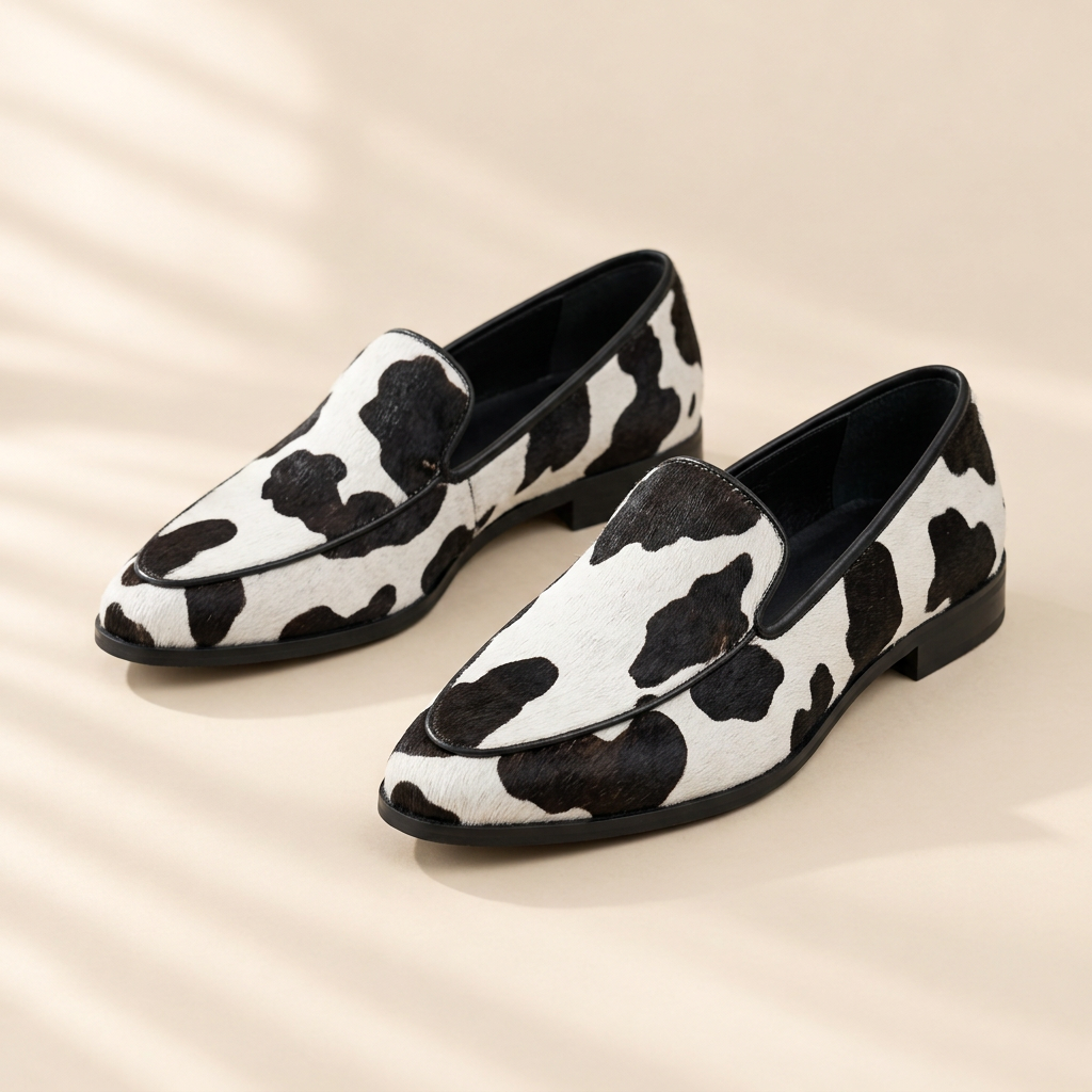 Becca cow print loafers, front view