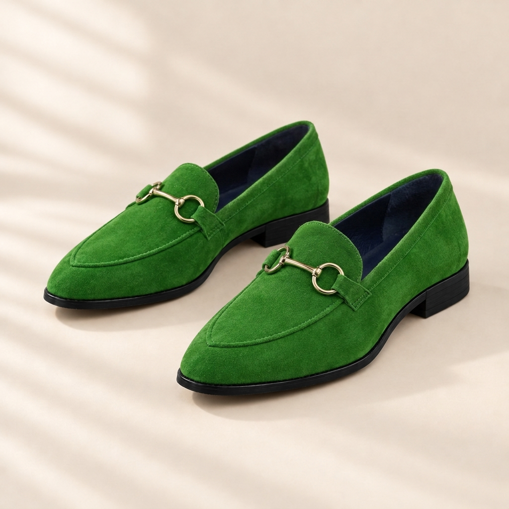 Juliet suede snaffle loafers in Green, front view