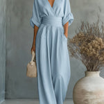 Maja V Neck High Waisted Jumpsuit in Blue, view 2
