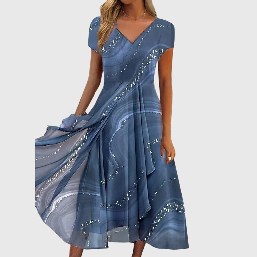Aubrielle swirl print flowing midi dress in Blue, front view