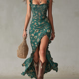 Mayfair retro print midi dress in Green, view 3