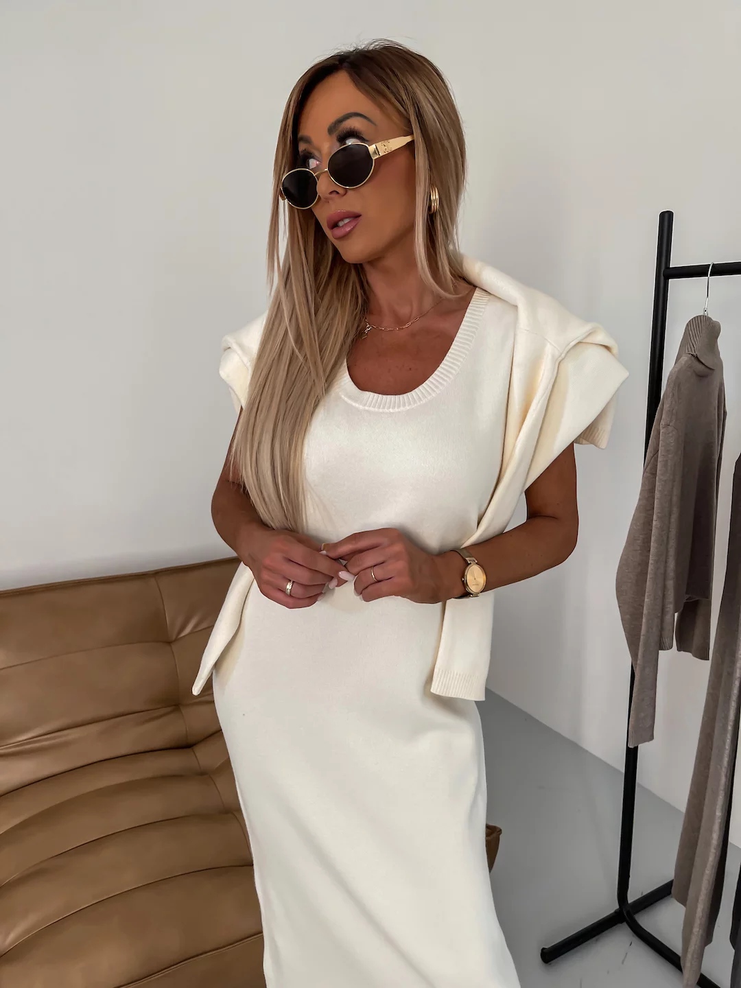 Erin knit midi dress and roll neck jumper set in Cream, view 2