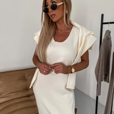 Erin knit midi dress and roll neck jumper set in Cream, view 2