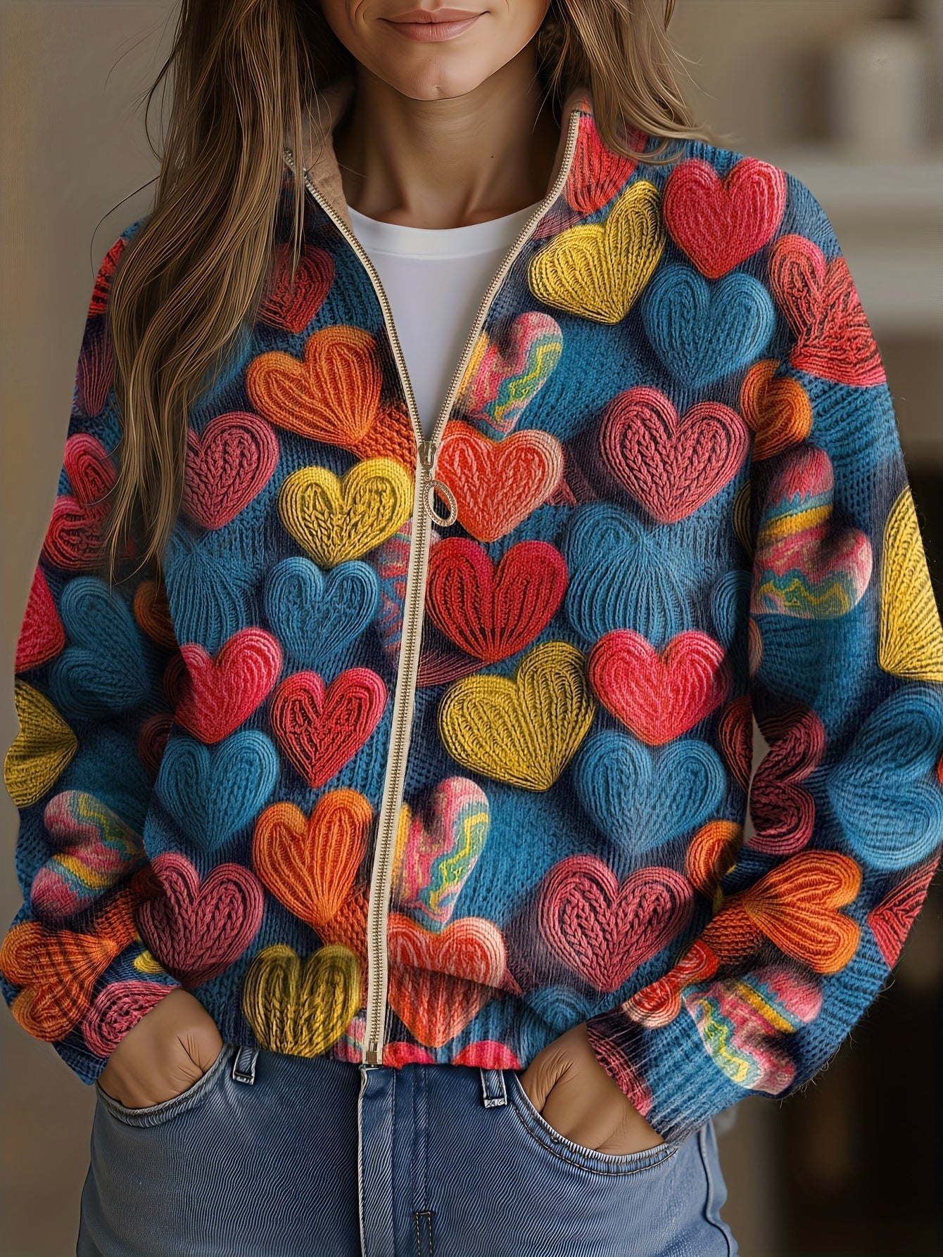 Madeleine multicoloured heart zip-up cardigan, front view