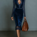 Velvet V neck lace midi dress in Dark Blue, front view