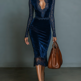 Velvet V neck lace midi dress in Dark Blue, front view
