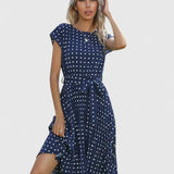 Allyzhea polka dot belted midi dress in Blue, front view