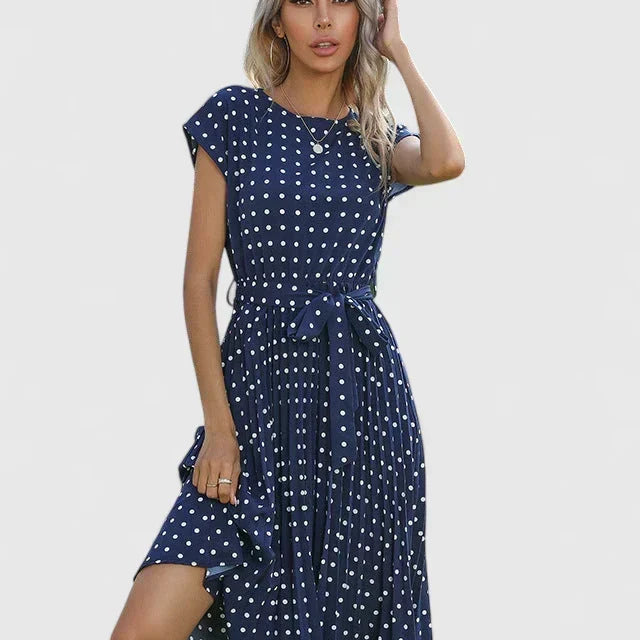Allyzhea polka dot belted midi dress in Blue, front view
