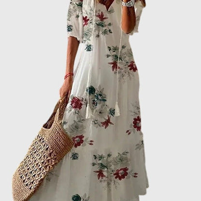 Amalia boho vintage print summer dress in White Red Floral, view 6