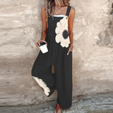 Comfortable Large Daisy Print Dungarees in Black, view 2