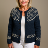 Nina navy Fair Isle knitted cardigan, front view