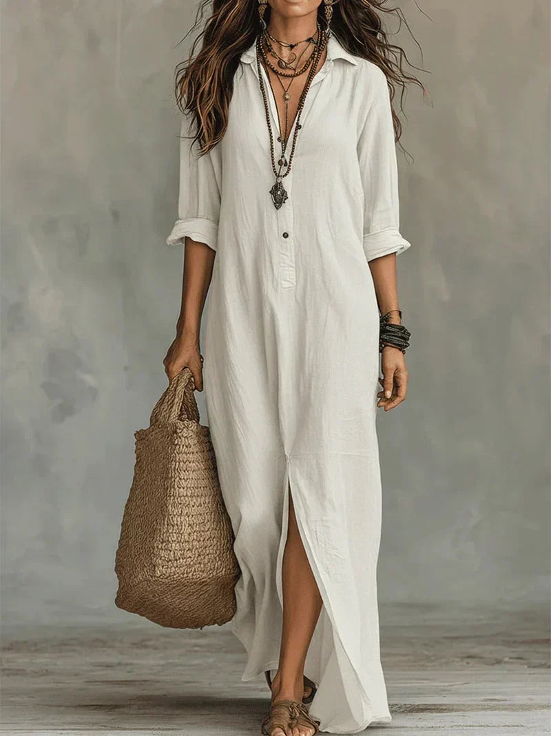 Savenora elegant shirt collar maxi dress in White, view 6