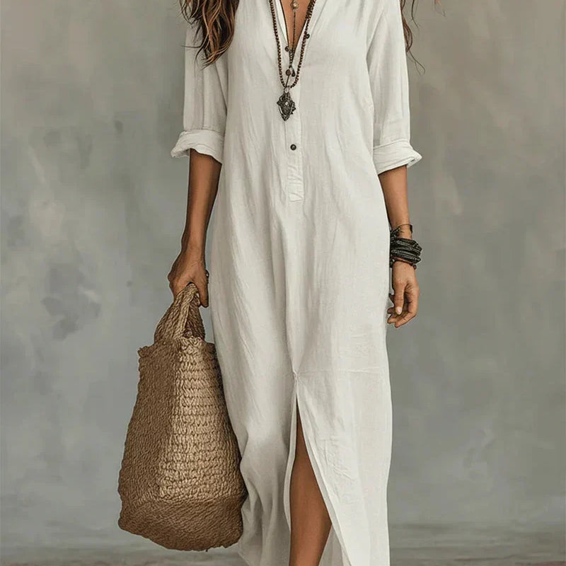 Savenora elegant shirt collar maxi dress in White, view 6