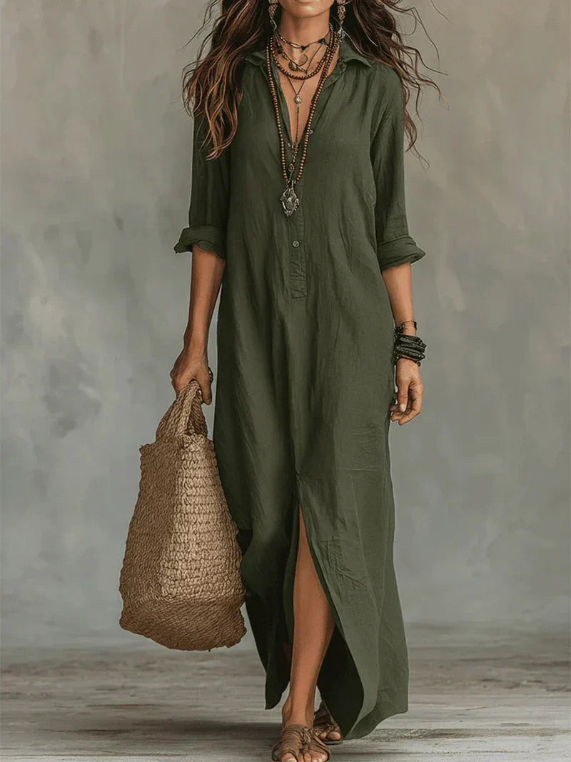 Savenora elegant shirt collar maxi dress in Green, view 7