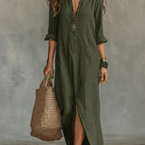 Savenora elegant shirt collar maxi dress in Green, view 7