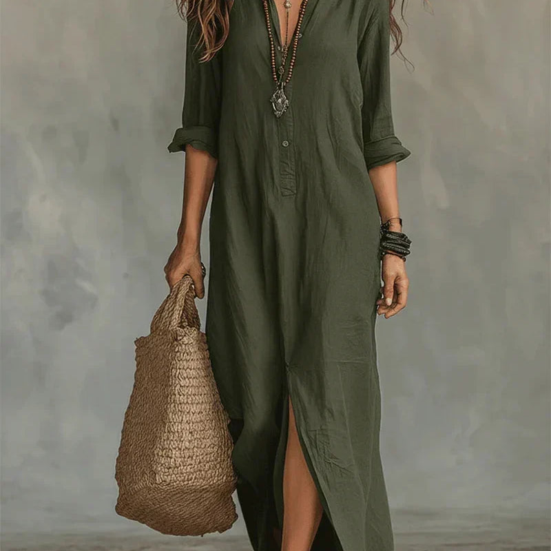 Savenora elegant shirt collar maxi dress in Green, view 7
