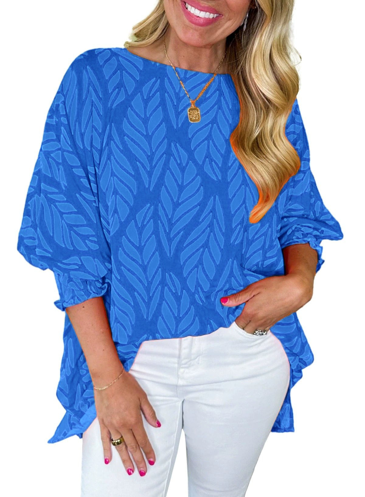 Risa leaf print blouse in Royal Blue, view 4