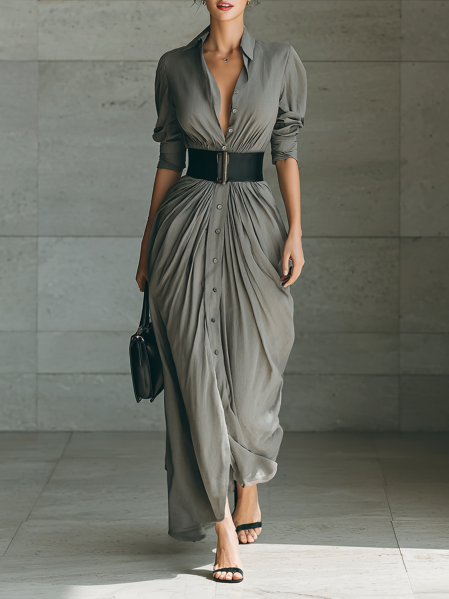 Zahara belted pleated maxi dress in Grey, view 2