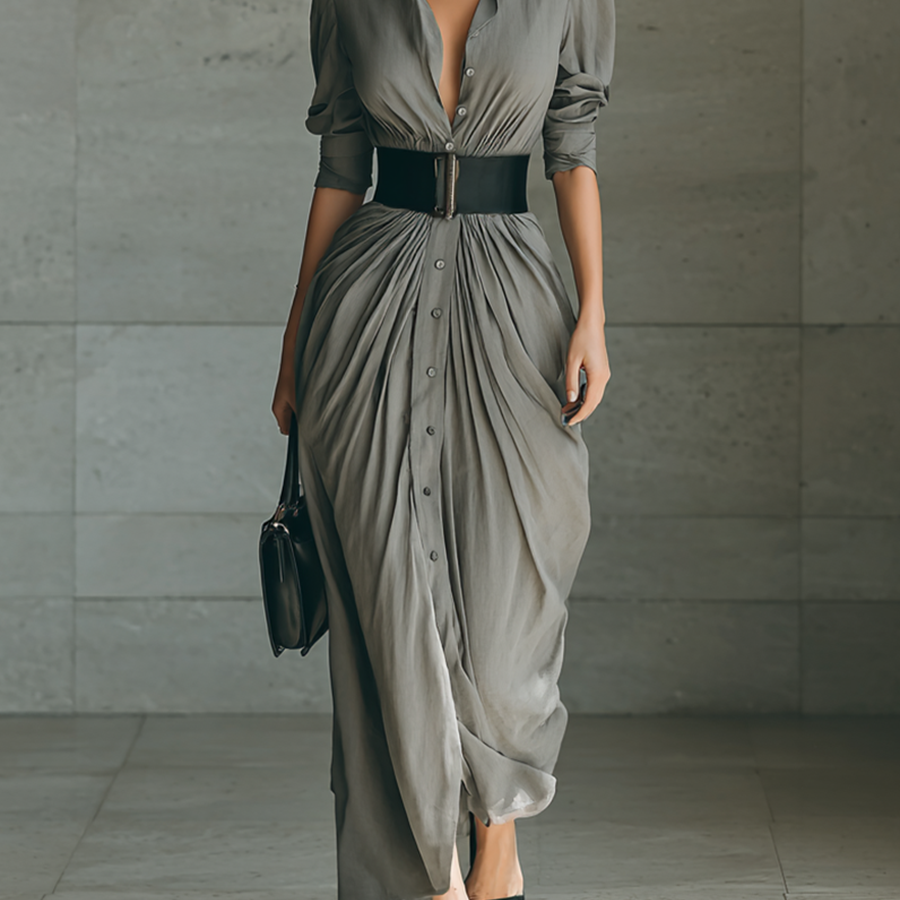 Zahara belted pleated maxi dress in Grey, view 2