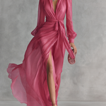 Pink chiffon V neck maxi dress, front view