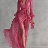 Pink chiffon V neck maxi dress, front view