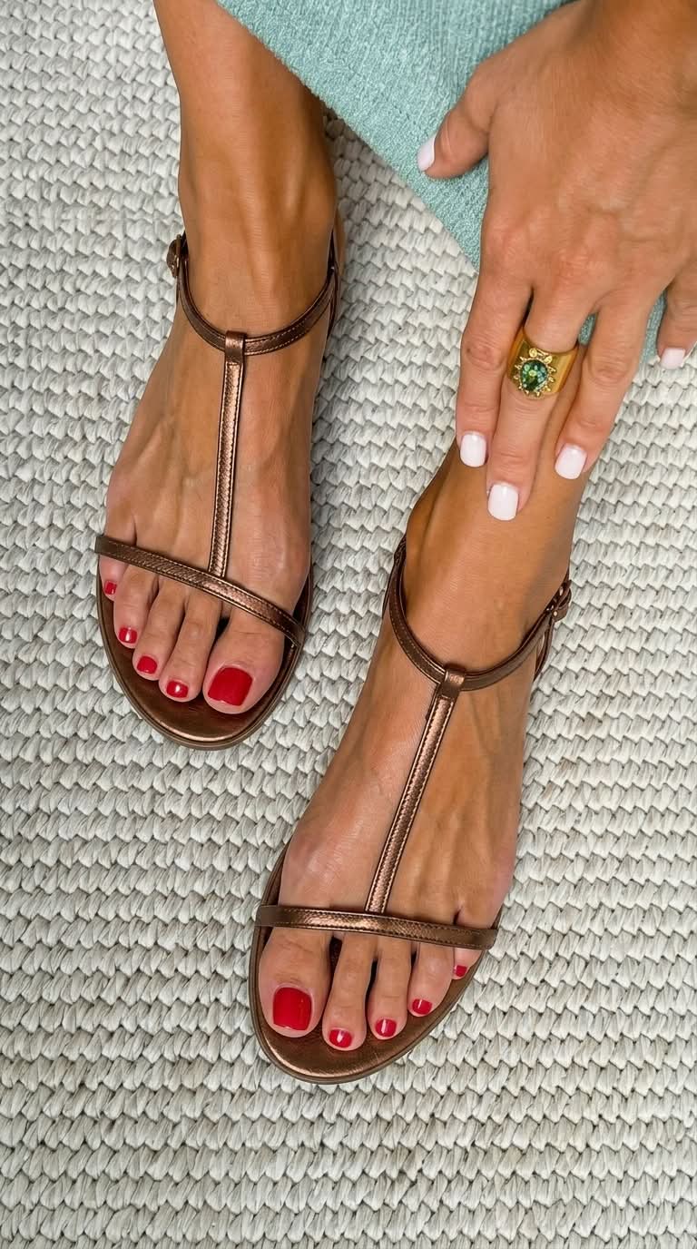 Anouk Gold Thin Strap Flat Sandals in Bronze, view 3
