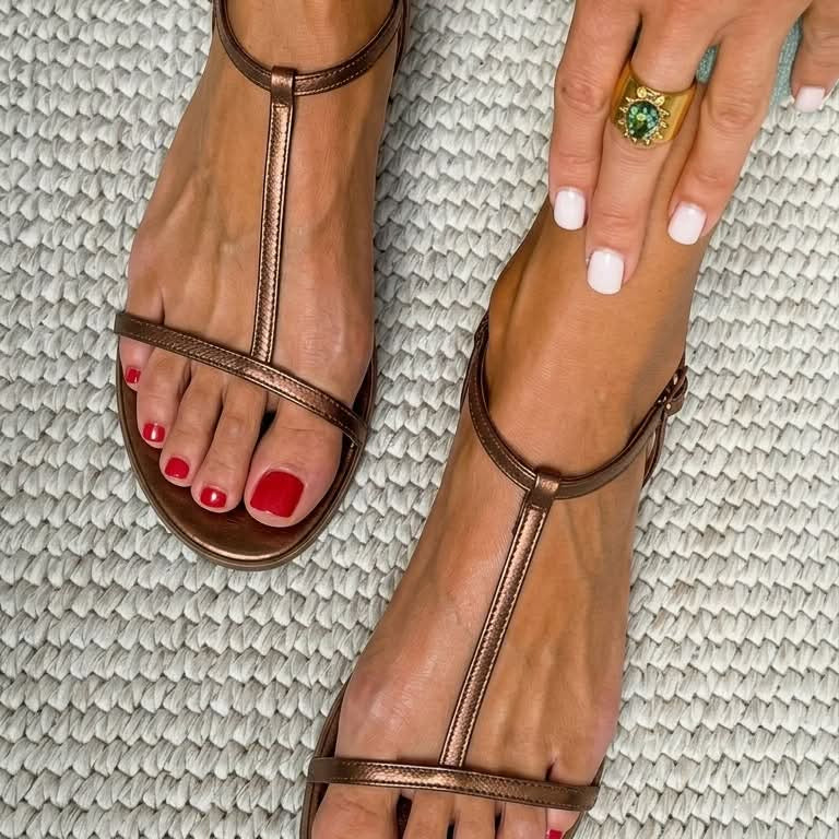 Anouk Gold Thin Strap Flat Sandals in Bronze, view 3