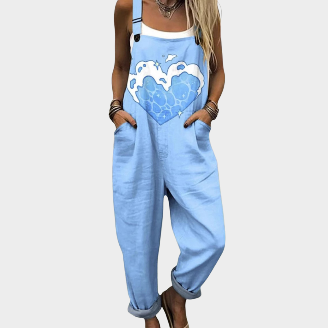 Comfortable Blue Heart Print Dungarees, front view