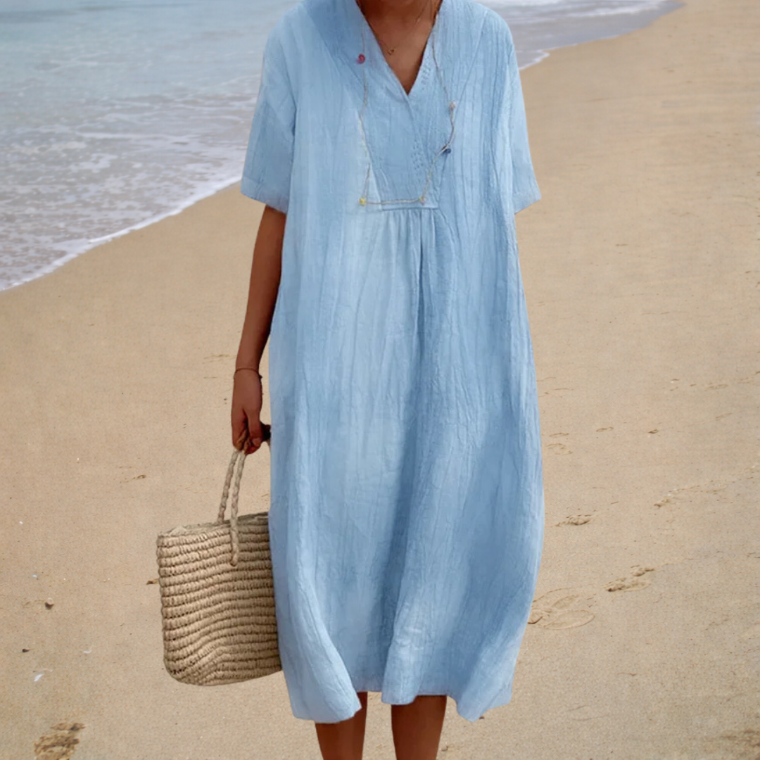 Comfortable V Neck Summer Dress in Blue, front view