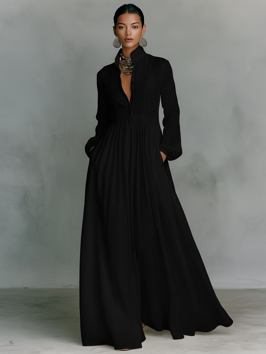 Patchwork linen maxi dress with stand collar in Black, view 6
