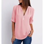 Gwen chic zip V-neck blouse in Pink, front view