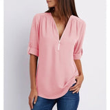 Gwen chic zip V-neck blouse in Pink, front view