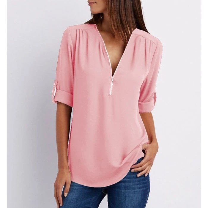 Gwen chic zip V-neck blouse in Pink, front view