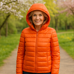 Metta orange hooded puffer jacket, front view