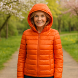 Metta orange hooded puffer jacket, front view