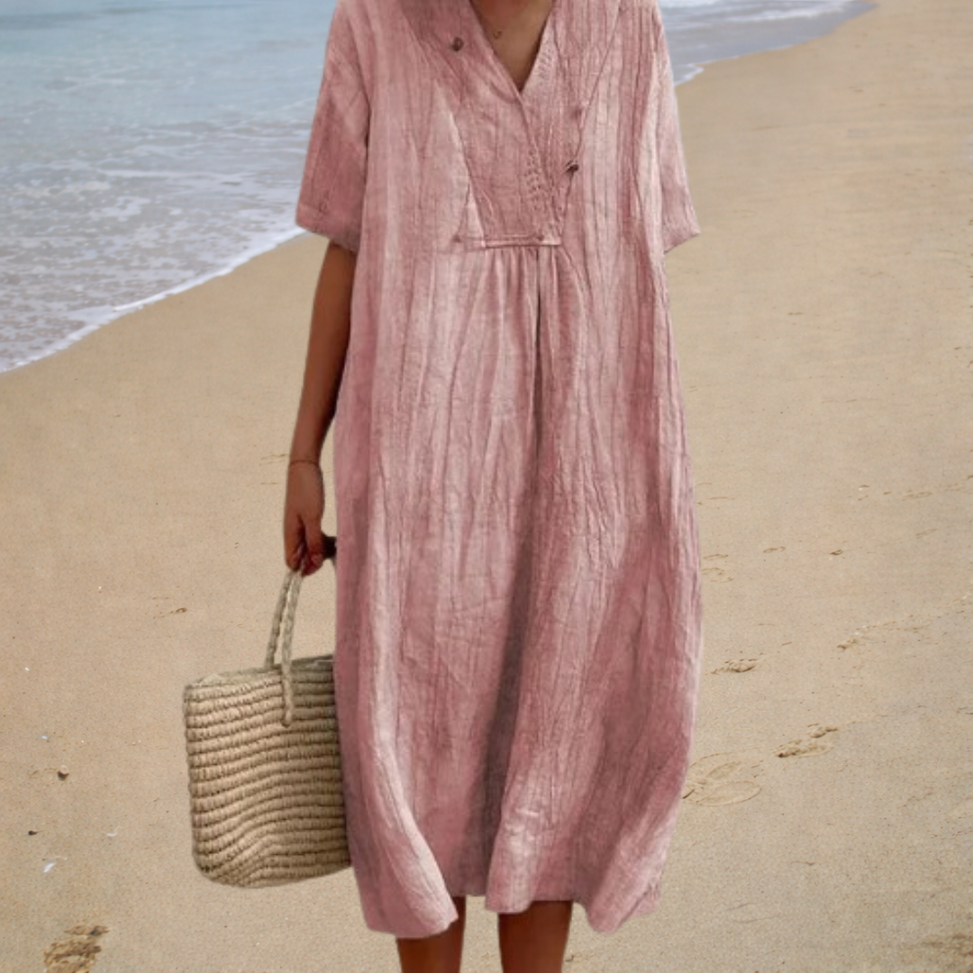 Comfortable V Neck Summer Dress in Pink, view 3