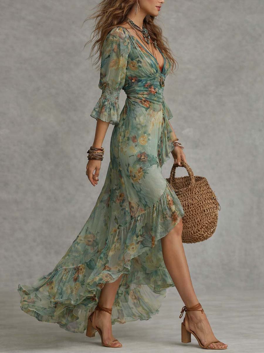 Aurora floral maxi dress with asymmetric hem, view 2