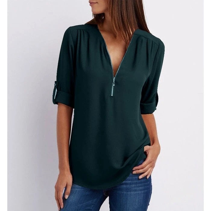 Gwen chic zip V-neck blouse in Dark Green, view 6