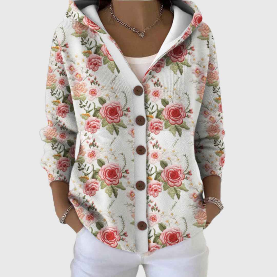 Madeline rose print hooded cardigan, front view