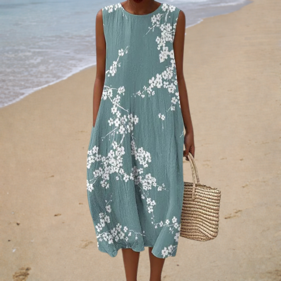 Comfortable Sleeveless Summer Dress, teal blossom print, front view