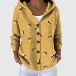 Helen yellow bee print hooded cardigan, front view