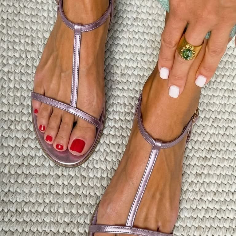 Anouk Gold Thin Strap Flat Sandals in Lavender, view 5